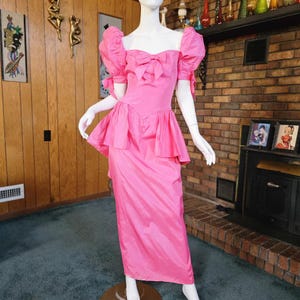 Vintage 80s Bubblegum Pink Avant Garde Peplum Bubble Slv Bows Prom Dress Gown M
