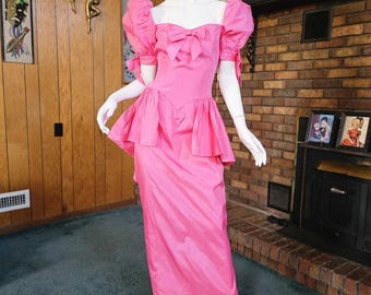 Vintage 80s Bubblegum Pink Avant Garde Peplum Bubble Slv Bows Prom Dress Gown M