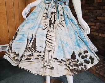 Vintage 50s Peasant Girl Village Hand Painted Mexican Tourist Circle Patio Skirt M/L