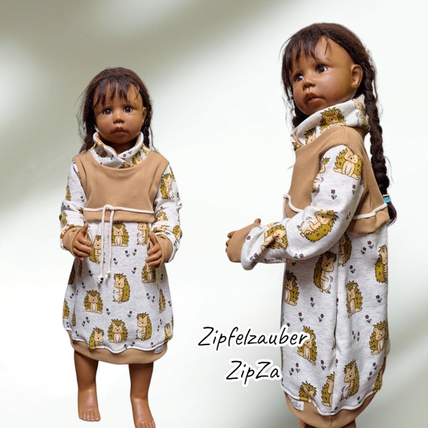 Lockeres Kleid Mädchen Outfit Kinder igel ab gr.62 bis 116 sweatkleid mädels Girls Waldtiere Zipfelzauber Handmade outside alpenfleece warm