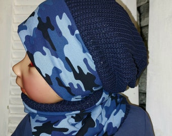 Beanie Loop Set Strick Sterne blau dunkelblau army camouflage