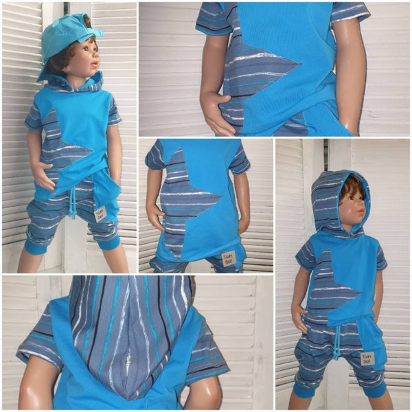 T-shirt Handmade zipfelzauber hoodie Kinder Jungs Mädchen Baggy  sommer lässig shirt blau gestreift hoodieshirt jungen halbarm türkis kapuze