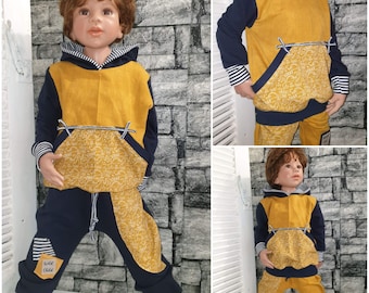 Hoodie Dino Senf/blau Gr.86-140 Handmade zipfelzauber outfit Kinder Jungs Mädchen jungen sweat hoody lässig kinder Jeansoptik Shirt oberteil