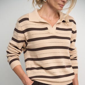 Striped Polo Sweater for Women, Cotton Viscose Relaxed Fit Jumper, Knit Pullover with Minimalist Pattern, Casual Elegant Top