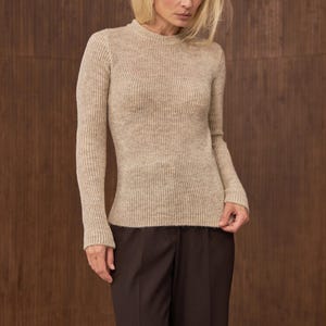 Long Sleeve Womens Sweater, Baby Alpaca Wool, Slim Fit Transparent Knit Top, Soft Stretch Pullover