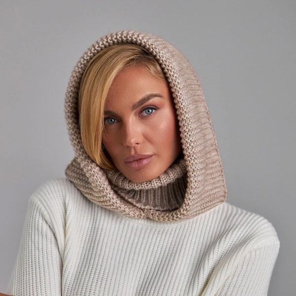 Gray hooded scarf Womens snood Knitted hooded scarf