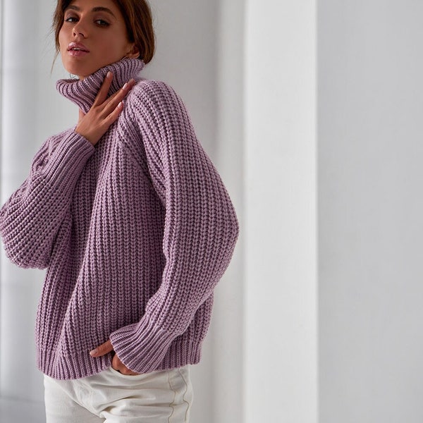 Chunky Knit Wool Sweater, Casual Turtleneck Sweater, Mohair Sweater, Loose Knit Jumper, Woolen Sweater Top, Oversized Womens Lilac Sweater