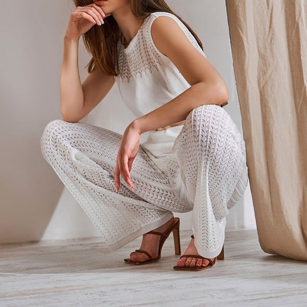 Openwork Lace Pants, Cotton White Trousers, Sheer Mesh Lounge Pants, Summer Womens Trousers