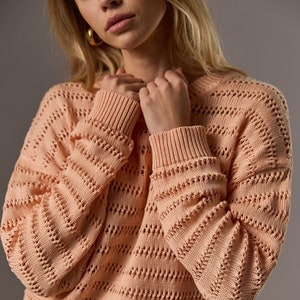 Cotton Oversized Loose Knit Sweater Top, Spring Summer, Slouchy Knit Pullover, Open Knit Woman Sweater,  Gift for Her, Knitwear