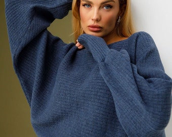 Women Sweater, Batwing Long Sleeve, Slim Sweater, Loose Sleeve Fit, Trendy Sweater Top, Knit Jumper Pullover, Oversized Sweater, Indigo