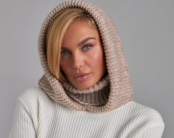 Gray hooded scarf Womens snood Knitted hooded scarf