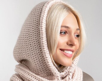 Hooded scarf Womens wool snood Knitted hooded scarf Handmade hooded cowl Beige