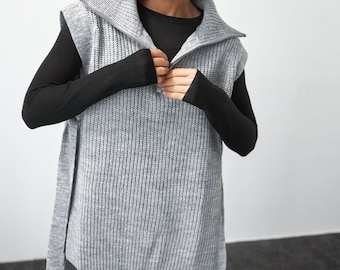 Pull gilet en tricot surdimensionné pour femmes, gilet à col roulé zippé, tunique en laine, gilet en laine tricoté à la main avec ceinture, débardeur en laine pour femmes