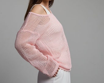 Lockerer Strickpullover aus Baumwolle, Oberteil mit Lochmuster, Langarm, Kalte Schulter, Übergroßer Pullover, Gestrickter Netzpullover, Geschenk für Frauen, Mädchen und Frauen