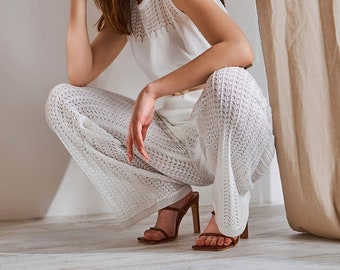 Openwork Lace Pants, Cotton White Trousers, Sheer Mesh Lounge Pants, Summer Womens Trousers