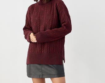Turtleneck Wool Sweater, Cable Knit Oversized Top, Womens Cozy Warm Knitwear, One Size (S-L)
