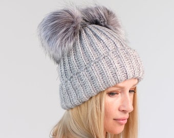 Pom hat women, Double pom pom hat, Fleece lined hat, Faux fur pom hat, Ski Hat, Pompom Hat, Chunky Knit Hats, Gift for women, Winter hat