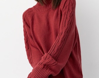 Knit Cashmere Wool Sweater, Turtleneck Cable Sleeve Pullover, Oversized Top, Womens Knitwear, One Size (fits S–L)