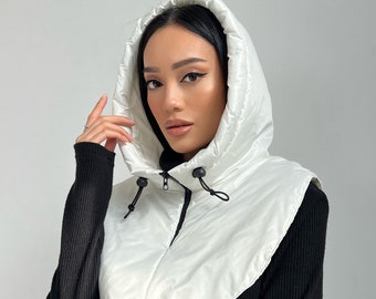 Waterproof hooded scarf, Rainproof hooded cowl, Hooded snood women, White hood cowl, Trending Now, Outdoors gift