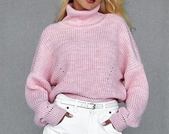 Mohair Cropped Sweater, Loose Wool Sweater, Knit Turtleneck Sweater, Gifts for Women, Girl, Hand Knitted Womens Sweater Top, Knitwear