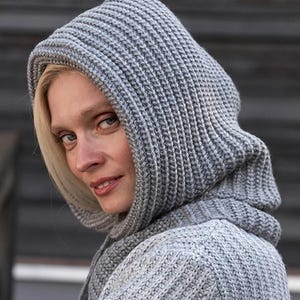 Gray hooded scarf Womens snood Knitted hooded scarf