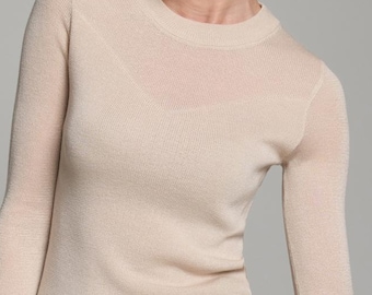 Sheer Fitted Top, Long Sleeves, Veiled Neckline, Fitted Long Sleeve Tee, Cocktail Top, Elegant Classy Top, Classic Fitted Blouses, Fashion