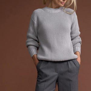 Cotton Knit Crewneck Sweater, Textured Rib Pullover, Soft Relaxed Fit Jumper, Warm Womens Sweater