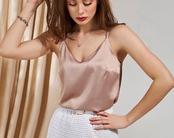 Silk Cami Top, Camisole Spaghetti Straps, Sleeveless Silk Satin Blouse, Classic Women Simple Silk Top