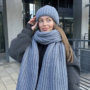 Chunky hat and scarf set for women, Knitted wool scarf and hat, Warm winter hat, Wool scarf XXL, Knit set for women