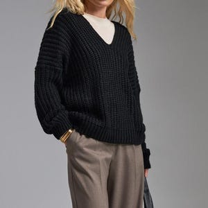 Oversized Chunky Sweater, Off Shoulder Sweater, Baggy Loose Jumper, V-neck front and back, Pullover Loose Knit, Hand Knitted Wool Sweater