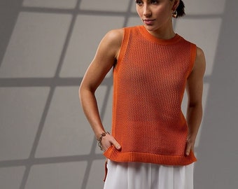 Knitted Mesh Top, Straight Cut Sleeveless Blouse, Summer Crochet Top, Gift for Her, Cotton Knit Long Top