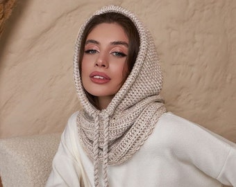 Beige Wool Balaclava Hat, Women Knit Balaclava, Knitted Women Hood, Winter Hat, Knit Hood, Neck Warmer, Trending Now, Outdoors Gift