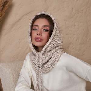 Beige Wool Balaclava Hat, Women Knit Balaclava, Knitted Women Hood, Winter Hat, Knit Hood, Neck Warmer, Trending Now, Outdoors Gift