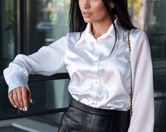 Elegant Silk Blouse, Chiffon Long Sleeves, Silk Button Down Shirt, Formal Blouse Women, Office Silk Blouse, White Silk Top Blouse, Classic