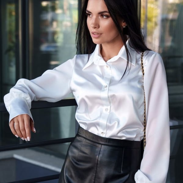 Elegant Silk Blouse, Chiffon Long Sleeves, Silk Button Down Shirt, Formal Blouse Women, Office Silk Blouse, White Silk Top Blouse, Classic