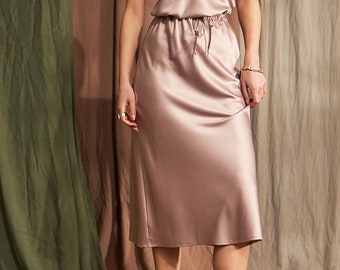 Silk Skirt, Midi Skirt, Satin Skirt, High Waisted Skirt, Long Skirt, Summer Skirt, Beige Silky Skirt