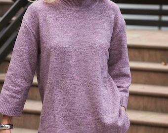 Womens High Neck Mohair Sweater, Loose Fit Merino Wool Pullover With 3/4 Sleeves