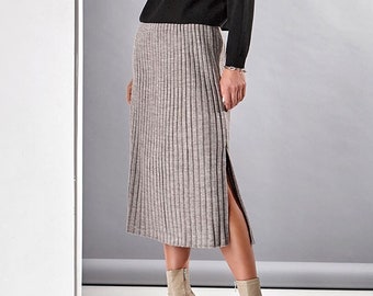 Midi wool skirt, High waist skirt, Rib knit skirt, Side split skirt, Beige long skirt, Winter warm skirt, Party skirt