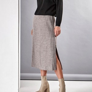 Midi wool skirt, High waist skirt, Rib knit skirt, Side split skirt, Beige long skirt, Winter warm skirt, Party skirt