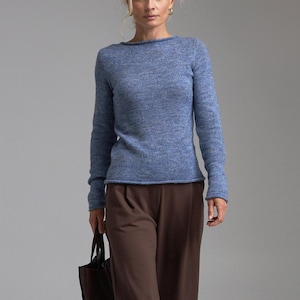 Womens Sheer Knit Long Sleeve Top, Merino Mohair Wool Sweater, Soft Warm Fitted Pullover, Minimalist Elegant Knitwear