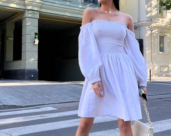 Linen Dress, Off Shoulder Dress, Puff Sleeve Dress, Elegant Linen Dress, Summer Dress, Linen Clothing for Women