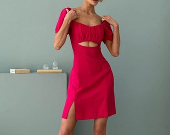 Linnen jurk, linnen off-shoulder jurk, elegante linnen jurk, zomerjurk met split, korte linnen jurken, linnen kleding voor vrouwen