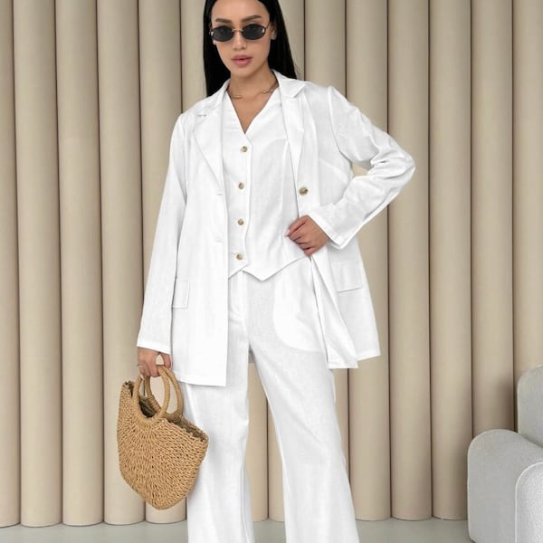 White Linen Suit for Women 3 Piece Set Blazer Vest Palazzo Pants with Pockets Formal Event Suit Linen Pantsuit Elegant Summer Suit
