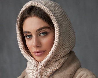 Beige Hooded Scarf, Knit Hoodie Scarves, Womens Snood, Warm Hooded Cowl, Head Scarf, Outdoors gift