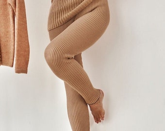 Rib Knit Slim Pants, Cotton Leggins for Women, Perfect Fit Leggings, High Waist Leggings, Beige Leggings