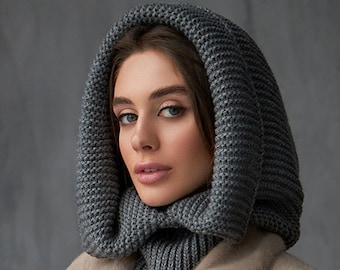 Grey Hooded Scarf, Knit Hoodie Scarves, Womens Snood, Warm Hooded Cowl, Wool Head Scarf, Trend Scarf, Outdoors Gift