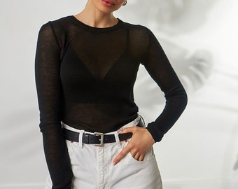 Sheer Fitted Top, Long Sleeves, Fitted Long Sleeve Tee, Cocktail Top, Elegant Classy Top, Classic Fitted Blouses, Gift for Her. Fashion