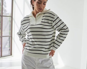 Striped Collared Sweater, Zipped Sweater, Warm Zip up Sweater, Knit Striped Sweater, Casual Sweater Wool Cotton, Pullover Sweater for Women