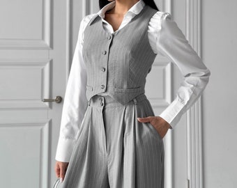 Formeel evenementpak voor dames, gestreepte broekset, mouwloos klassiek vest, palazzobroek, pak, casual pak