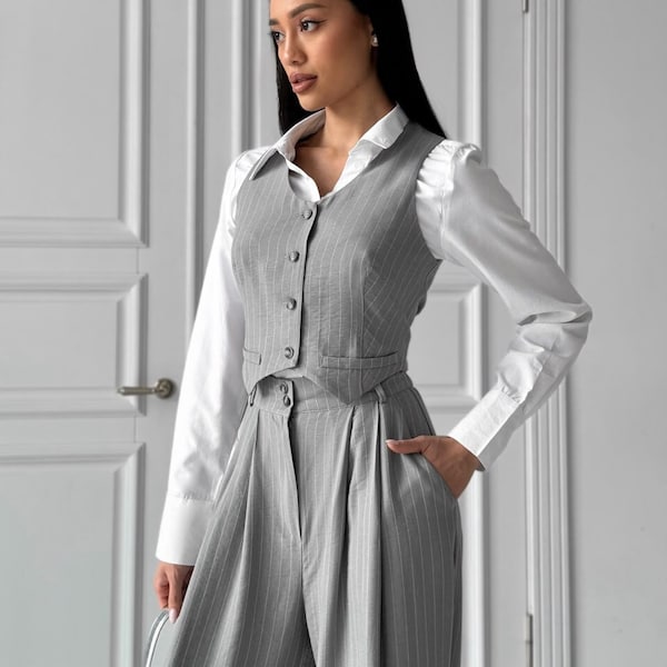Formal Event Suit for Women, Striped Pants Set, Sleeveless Classic Vest, Palazzo Pants, Business Suit, Casual Suit